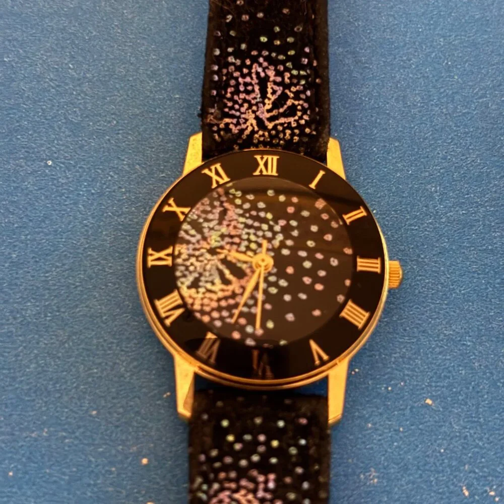 Vintage 1992 Japan Movt black colorful‎ speckled quartz watch genuine leather